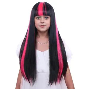 Black Mixed Hot Pink Wig for Girl Kids Black Pink Long Wigs