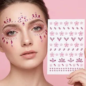 Face Jewels for Women, Mabor 3 Sheets Pink Rhinestone Stickers