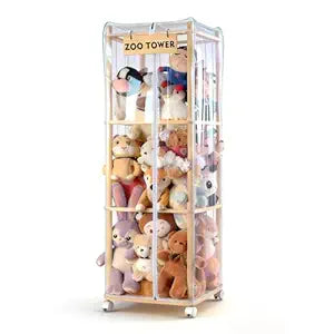 Stuffed Animal Storage Zoo with Dust Cover & Wheels  Large Wooden Stuffy Organizer Display Tower, Thick Plushie Holder with Elastic Band for Kids Room, Perfect for Nursery Bedroom Nursery Playroom