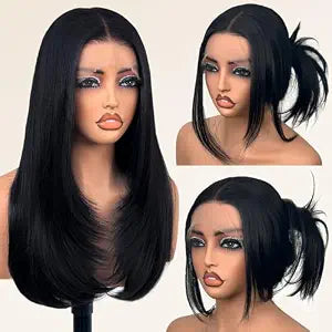 Su Mei.s Glueless Synthetic Lace Front Wig 26 Inches Long Straight Black Wigs for Black Women 13x5x1 HD Lace Hand Tied Pre Plucked Hairline (#1B Natural Black, 26 Inch)