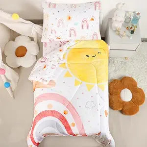Toddler Bedding Set for Girls 4 Piece Pink Rainbow Toddler Girl Bedding Set Super Soft & Lightweight Toddler Comforter Set Includes Comforter, Flat Sheet, Fitted Sheet, Pillowcase