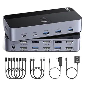 UGREEN 8K@60Hz HDMI KVM Switch 2 Monitors 2 Computers, with 4 USB 3.0 Ports for 2 Computers Sharing Dual Monitors Keyboard Mouse Printer with 4 HDMI Cables, 2 USB Cables, Power Adapter and Controller