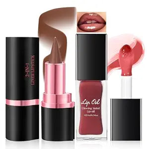Noerrors Strawberry Lip Kit with Gradient Lip Liner and Glowing Lip Oil, Moisturizing Rose Pink Lip Gloss & Brown Matte Creamy Lip Pencil Combo Duo Set, Plumping Glossy Liquid Lipstick Lip Care Makeup
