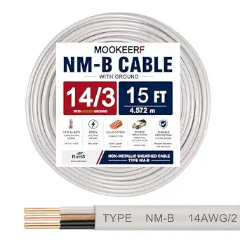 14/3 Wire with Ground - 15FT 14 Gauge NM-B Non-Metallic Sheathed Cable 100% Pure Copper 14 AWG 3 Conductor Residential Indoor Wire for Outlets, Switches, Other Loads and Lighting Wiring Projects etc.