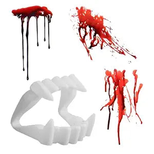 Azude Kids Vampire Teeth and 3 Bloody Temporary Tattoos for Halloween