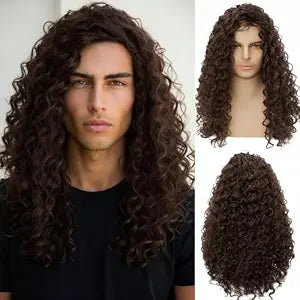 Mens Long Brown Curly Wig Fluffy Curly Synthetic Cosplay Costume Halloween Hair Wigs