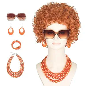 Women's Short Curly Red Brown 70s Wig with Orange Jewelry & Sunglasses