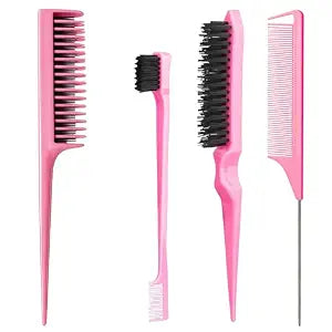 Aigee Hair Brush Set, Pink, 4 Piece, Three-Row Teasing Comb, Edge Brush, Rat Tail Comb for Women and Girls Styling
