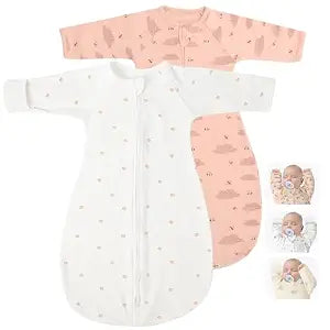 2 Pack Transitional Baby Swaddling Sacks with Arms Up Length Sleeves & Mitten Cuffs, Sleeping Sack Bag 2 Ways Zipper, Wearable Swaddle Blanket for Newborns Baby Snug Fit Calms Startle Reflex