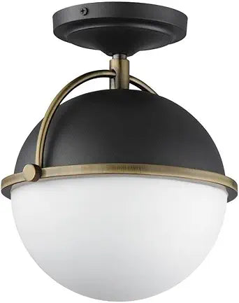 Maxim Lighting Duke 1-Light Flush Mount | Black/Weathered Brass Steel Finish | Opal White Shade | Transitional Indoor Light Fixture | Ideal for Bedrooms, Hallways & Entryways | 12410SWBKWBR
