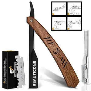 BEAUTICONE Straight Razors for Men - Professional Wood Handle Straight Edge Razor with 20 Replaceable Single Edge Blades - Stainless Steel Barber Shavette for Beard Shaving - Navajas para Barbero
