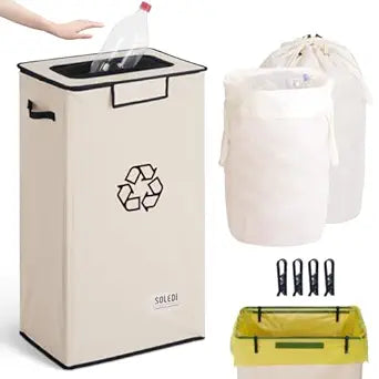 SOLEDI Recycling Bin for Kitchen,26 Gallon Large Recycle Bin with Lid and 2 Removeable Reusable Inner Bags,Indoor Recycling Trash Can for Collector of Bottles Cans, and Plastic,Beige