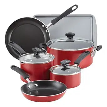 Farberware Cookstart Aluminum DiamondMax Nonstick Cookware Set, Kitchen Essentials, 5 Quarts, Red