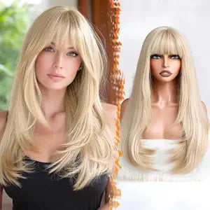 BARSDAR Long Straight Layered Blonde Wig With Bangs 24 Inch Soft Synthetic