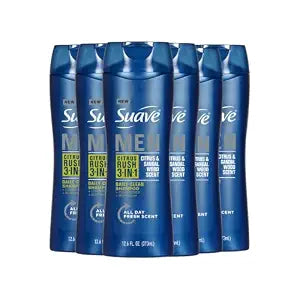 suave+ Men Citrus Rush 3-in-1 Shampoo, Conditioner, and Body Wash with Citrus and Sandalwood Scent, Daily Clean, 12.6 oz, 6 Pack