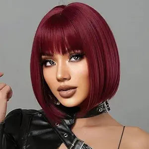 Short Bob Wigs With Bangs Wine Red Bob Wig Synthetic Hair 12 Inch Daily Cosplay Wig (Wine Red)