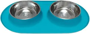 Messy Mutts Double Silicone Feeder with Stainless Bowls | Non-Skid Food Dishes for Dogs for All Pets | Dog Food Bowls | Large, 3 Cups Per Bowl | Blue
