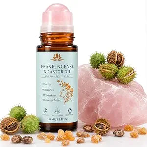 Organic Castor Oil & Frankincense Resin with Rose Quartz Roller, 100% Pure Cold-Pressed, Firms Skin, Reduces the Look of Fine Lines, Supports Hormonal Balance for Face, Neck & Abdomen (1.7oz)