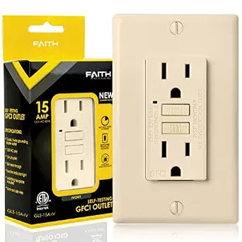 Faith 15A GFCI Outlet, ETL Listed, Non-Tamper-Resistant GFI Duplex Receptacles with LED Indicator, Self-Test Ground Fault Circuit Interrupter with Wall Plate, Ivory