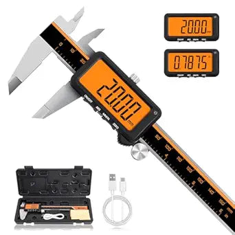 HARDELL Digital Caliper, Rechargeable Calipers with Large Orange Screen (No Backlight), Anti-Glare LCD & ABS Function, in/MM Caliper Measuring Tool, Stainless Steel Micrometer -Auto Off for Household