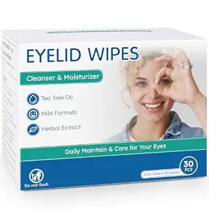 Eyelid Cleansing Wipes for Dry Eye & Blepharitis, Tea Tree Oil Hypoallergenic Eye Wipes for Sensitive Itchy Eyes, Individually Wrapped Eyelid WipesTravel Essentials (30 Count)