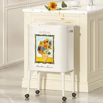 MRBIN Metal Kitchen Trash Can with Wheel Legs, 36L / 9.5gal Medium Press Lid Slim Waste Basket, Pet Proof Tall Narrow Garbage Pail for Vanity, Bedroom, Bathroom, Living Room, Sunflower