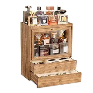 Emfogo Cologne Organizer, 4 Tier Vertical Wood Perfume Stand for Men, Large Capacity Dustproof Perfumes Organizer Cologne Stand with Double Drawer Storage, Gift for Loved ones (Brown)
