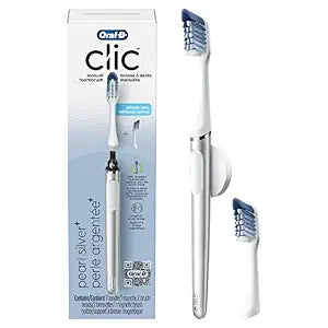 Oral-B Clic Toothbrush, Chrome White, with 1 Bonus Replacement Brush Head and Magnetic Toothbrush Holder