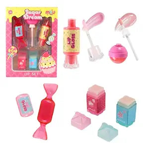 M&U MAKE YOU UP 5pc Lip Gloss & Lip Balm Set for Kids - 3 Candy Shaped Glossy Tubes and 2 Moisturizing Cube Balms | Non Toxic Fruity Flavored Makeup Kit, Sweet Dessert Party Favors for Girls Birthday