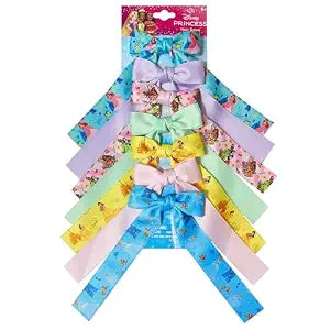 Disney Princess Printed Long Tail Hair Bow Set for Girls – 7-Pack Printed Bows with Alligator Clips – Cute Hair Accessories for Kids Ages 3+