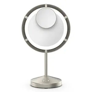 Conair LED-Lighted Fan Makeup Mirror with Spot Magnification, Vanity Mirror with Lights and Fan with 3 Settings, 6.3-Inch Viewing Area, Brushed Satin Nickel Finish