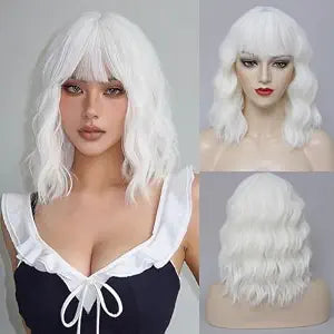 WSTAR White Wavy Bob Wig with Bangs - 14inch White Short Loose Wavy Wig for Women, Bob Style Synthetic Hair with Bangs,Colorful Curly Wigs for Halloween Costumes Cosplay Daily(14inch)