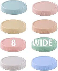 8 Pack Wide Mouth Mason Jar Lids for Ball, Kerr Jars and More, Colored Plastic Reusable Canning Tops with Silicone Rings, Food Grade & Leak-proof