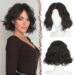 FESHFEN Short Wavy Bob Wig for Women -11 Inch Lace Front Hairline Middle Part Wavy Curly Natural Looking Synthetic Wig for Daily Party Costume, Dark Brown