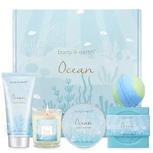 Gifts for Women, Bath and Body Womens Gift Sets with 5 Pcs Ocean Scented Spa Gifts for Women Bath Gift with Scented Candle Body Butter Hand Cream Bath Bomb Mothers Day Gifts