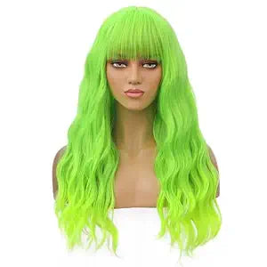 BERON 26 Inches Green Wig Long Curly Neon Green Wig with Bangs for Women Daily Party Hairnet Include