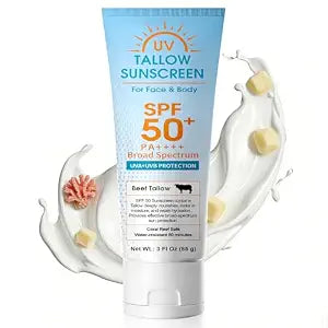 Beef Tallow Sunscreen, Broad Spectrum Mineral Lotion with Non-Nano Zinc Oxide - No White Cast, Non-Greasy, Reef-Safe & Water-Resistant for Sensitive Skin (3 Fl Oz)