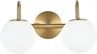 Modern Bathroom Vanity Light Fixtures 2 Lights Brushed Brass Milk White Globe Glass Shade Modern Wall Bar Sconce Lighting Bath Vanity Lights Over Mirror (Exclude G9 Bulb)