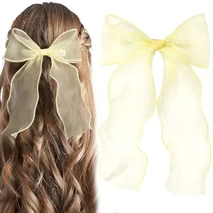 1Pc Large Hair Bow Clips, Yellow Silk Yarn Ribbon Bow Hair Barrette