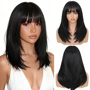 WIGNEE Straight Layered Wig with Bangs 16 Inch Synthetic Natural Black Hair