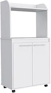 Kira Kitchen Cart with Spacious Microwave Shelf, Double-Door Cabinet with Interior Shelves, Open Storage Area, Large Countertop and Caster Wheels for Mobile Organization, Modern Kitchen Functionality