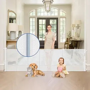 Reinforced 90 Inch Wide Retractable Baby Gates for Doorways Extra Wide Outdoor Retractable Gate for Dogs Reinforced Bottom to Prevent Crawling Through Mesh Baby Gate Long Dog Gates Indoor Extra Long