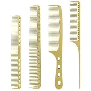 CGBARBER 4 Types Aluminum Hair Combs for Cutting Stainless Steel Hair Tail Metal Comb (Golden)