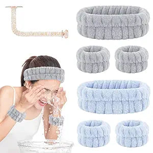 Makeup Headbands,Spa Headband Wristbands for Washing Face,2 Sets,Blue Grey
