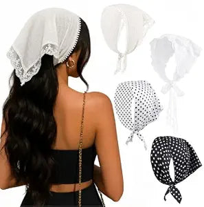 Lace Head Scarf White Polka Dot Bandanas Cute Women Hair Scarf Headband