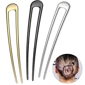 HYFEEL French Hair Pins Metal Hair Forks U Shaped Long Chignon 2 Prong Sticks for Women Hair Accessories (Black, Gold, Silver) 3Pcs