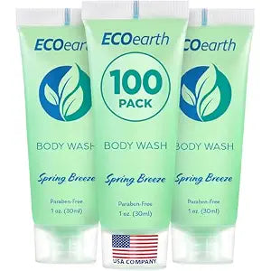 EcoEarth Travel Size Body Wash (1 fl oz, 100 PK, Spring Breeze), Delight Your Guests with a Revitalizing and Refreshing Hotel Body Wash, Quality Mini and Small Size Guest Hotel Toiletries in Bulk