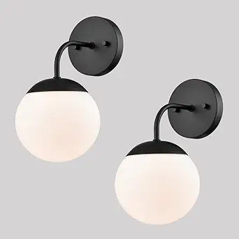 Black Wall Sconce Modern Nordic Style Milky Globe Glass Shade for Bathroom Vanity Light Set of 2