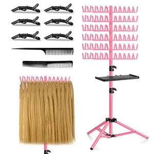 OLMRJKD Braiding Hair Rack with Tray, 144 Pegs Height Adjustable Braiding Rack, 2-side Hair Extension Holder Hanger, Hair Stand with Stylist Hair Braiding Tools for Hair Salon Home Traveling (Pink)