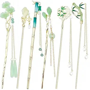 6PCS Chinese Hair Sticks Set, Gold White Japanese Hair Stick with Pearl Flower Bamboo Leaves Design Metal Hair Chopsticks Hair Bun Updo Holders Long Thick Hair Accessories for Women